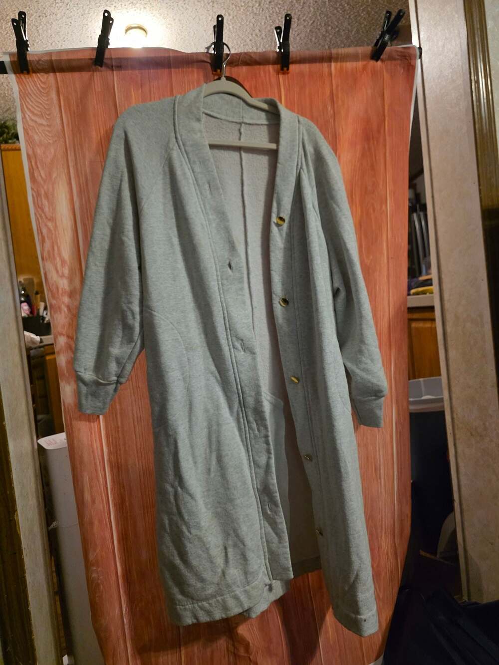 Unbranded Gray Sweatshirt Long Cardigan Duster with Gold Buttons